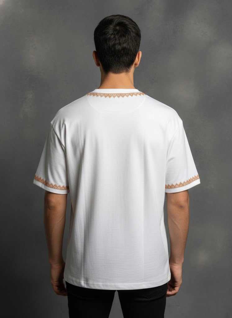 Hand Tilla Exclusive Kashmiri Neck and Sleeve work White T-shirt