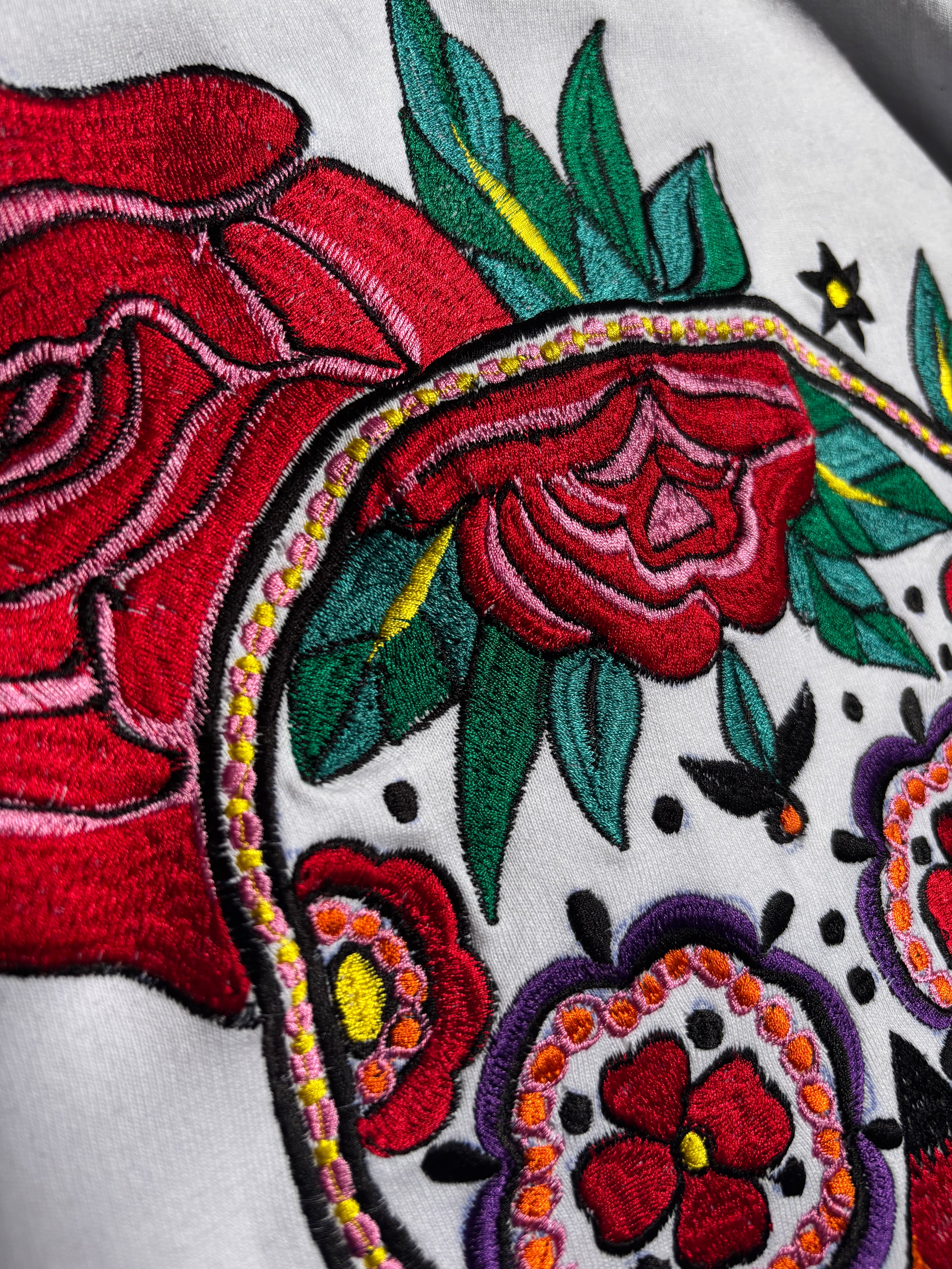 Mexican Day of The Dead Inspired Silk Thread Embroidered White Sweatshirt