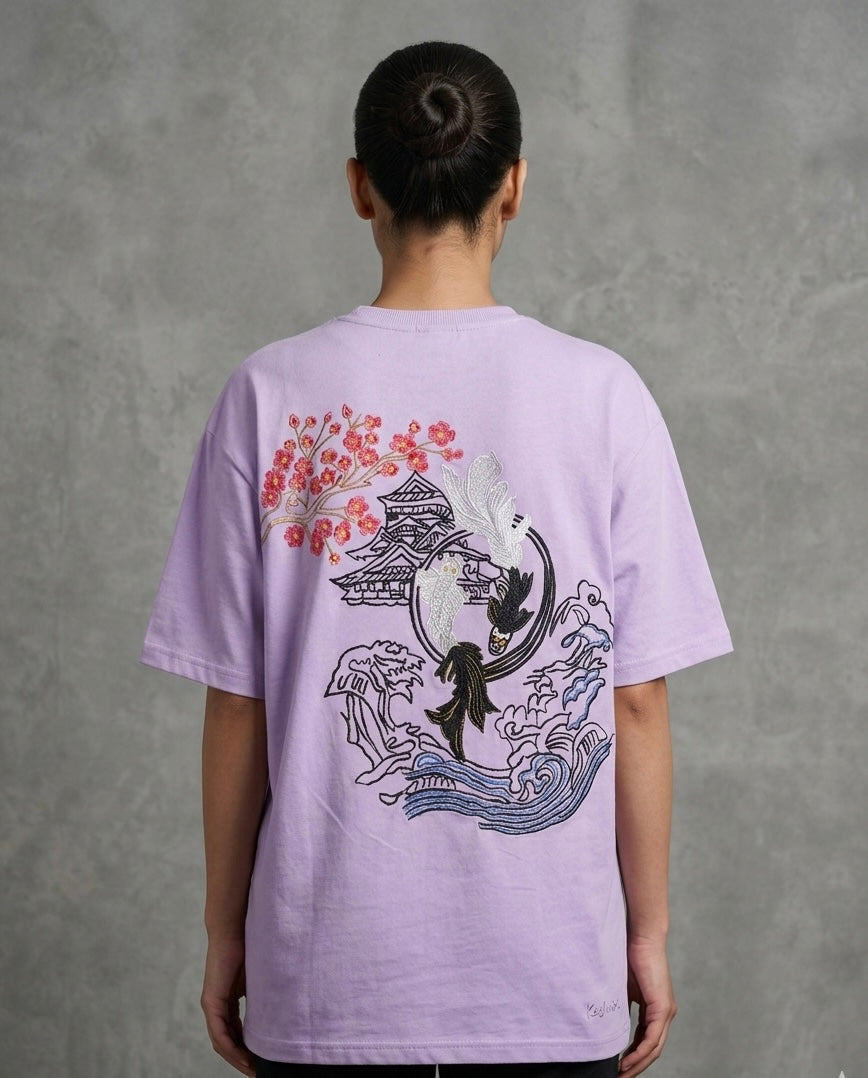 Japanese Street Tradition Inspired Silk Thread Embroidered Lavender T-shirt
