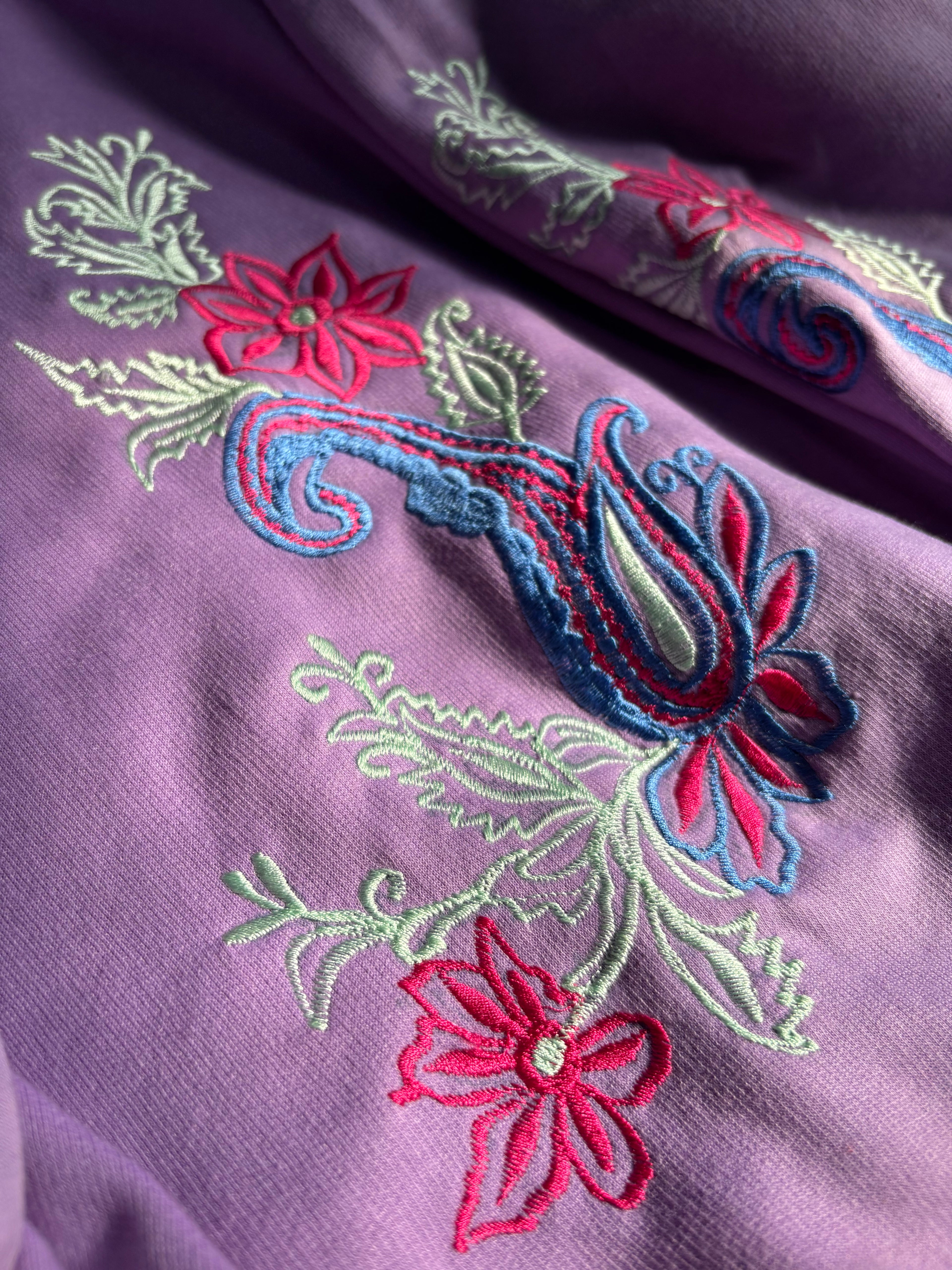 Floral Pattern Silk Thread Embroidery Lavender Hooddie