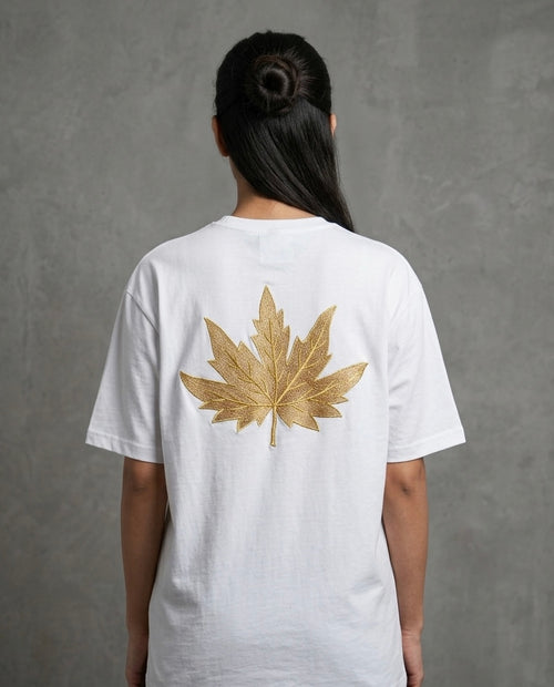 CHINAR LEAF MOTIF EMBROIDERED SKY WHITE T-SHIRT