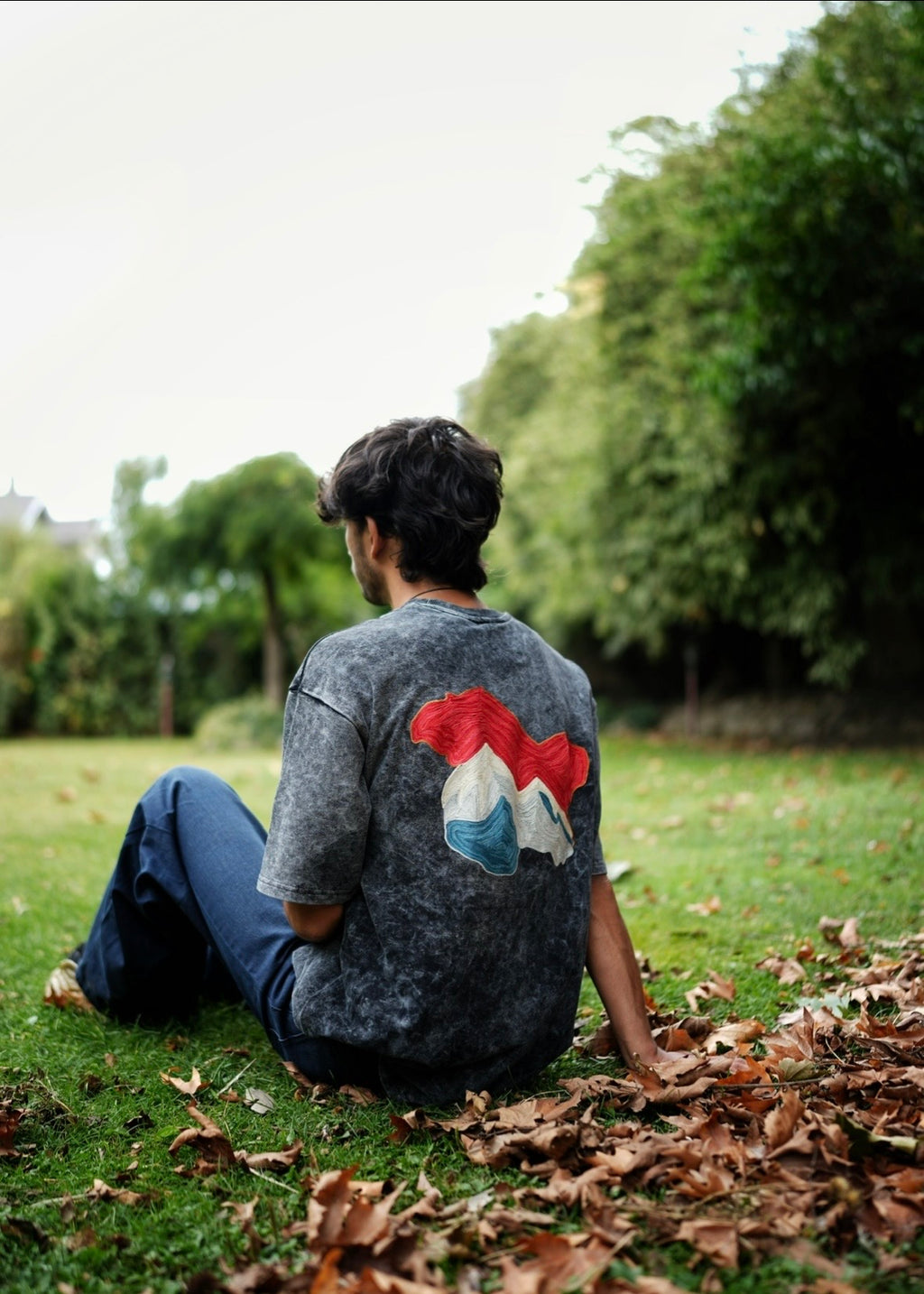Ari Thread Work Chinar/Kashmir Acid Wash Black T-Shirt
