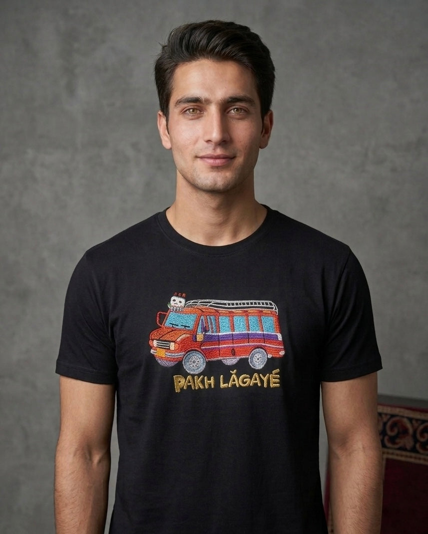 KASHMIRI METADOR TRUCK PAKH LAGAYE RETRO DESIGN EMBROIDERED BLACK T-SHIRT