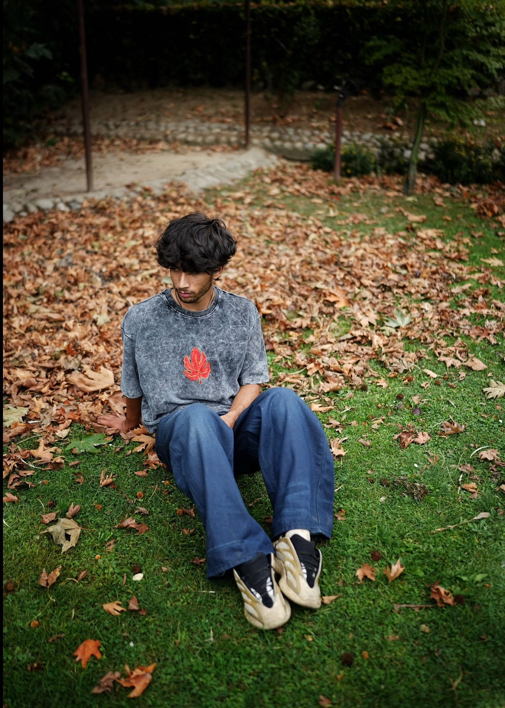 Ari Thread Work Chinar/Kashmir Acid Wash Black T-Shirt