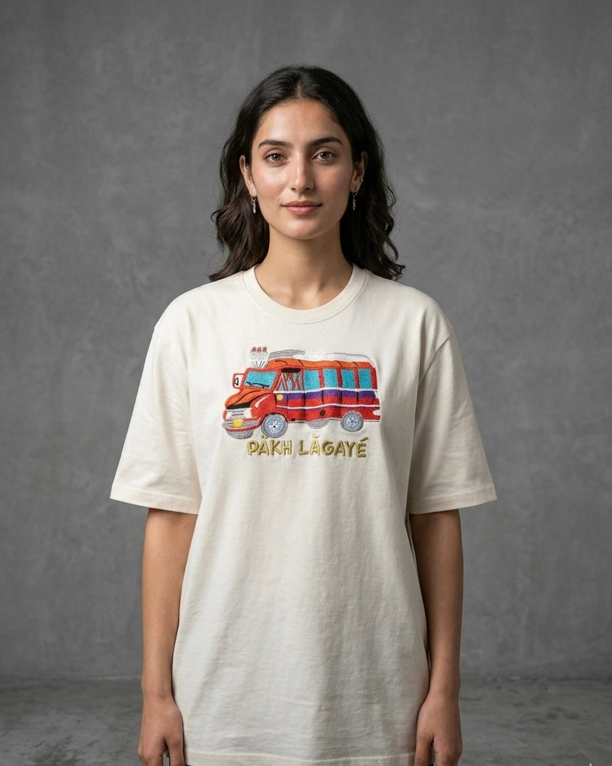KASHMIRI METADOR TRUCK PAKH LAGAYE RETRO DESIGN EMBROIDERED Off White T-SHIRT