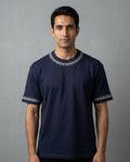 HAND TILLA EXCLUSIVE KASHMIRI NECK AND SLEEVE WORK NAVY BLUR T-SHIRT