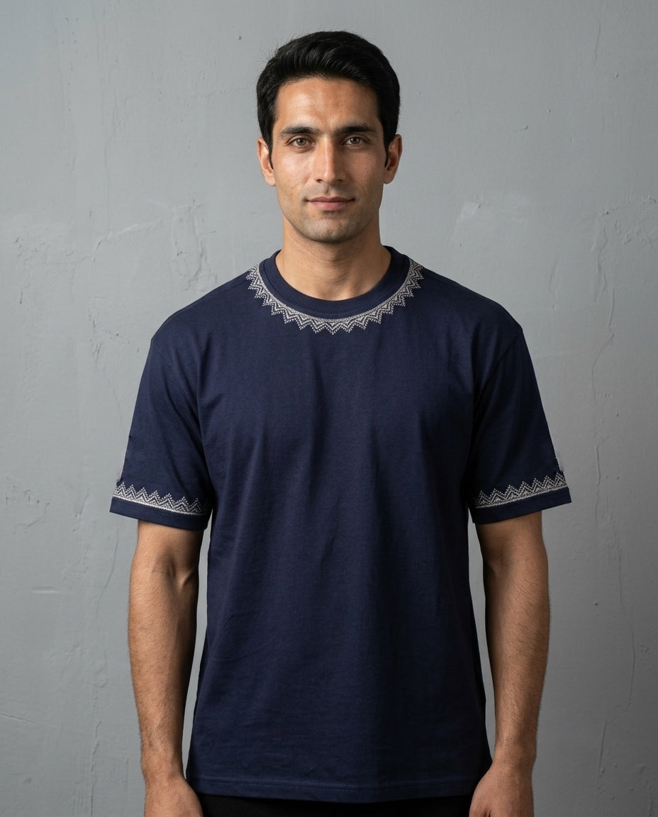HAND TILLA EXCLUSIVE KASHMIRI NECK AND SLEEVE WORK NAVY BLUR T-SHIRT