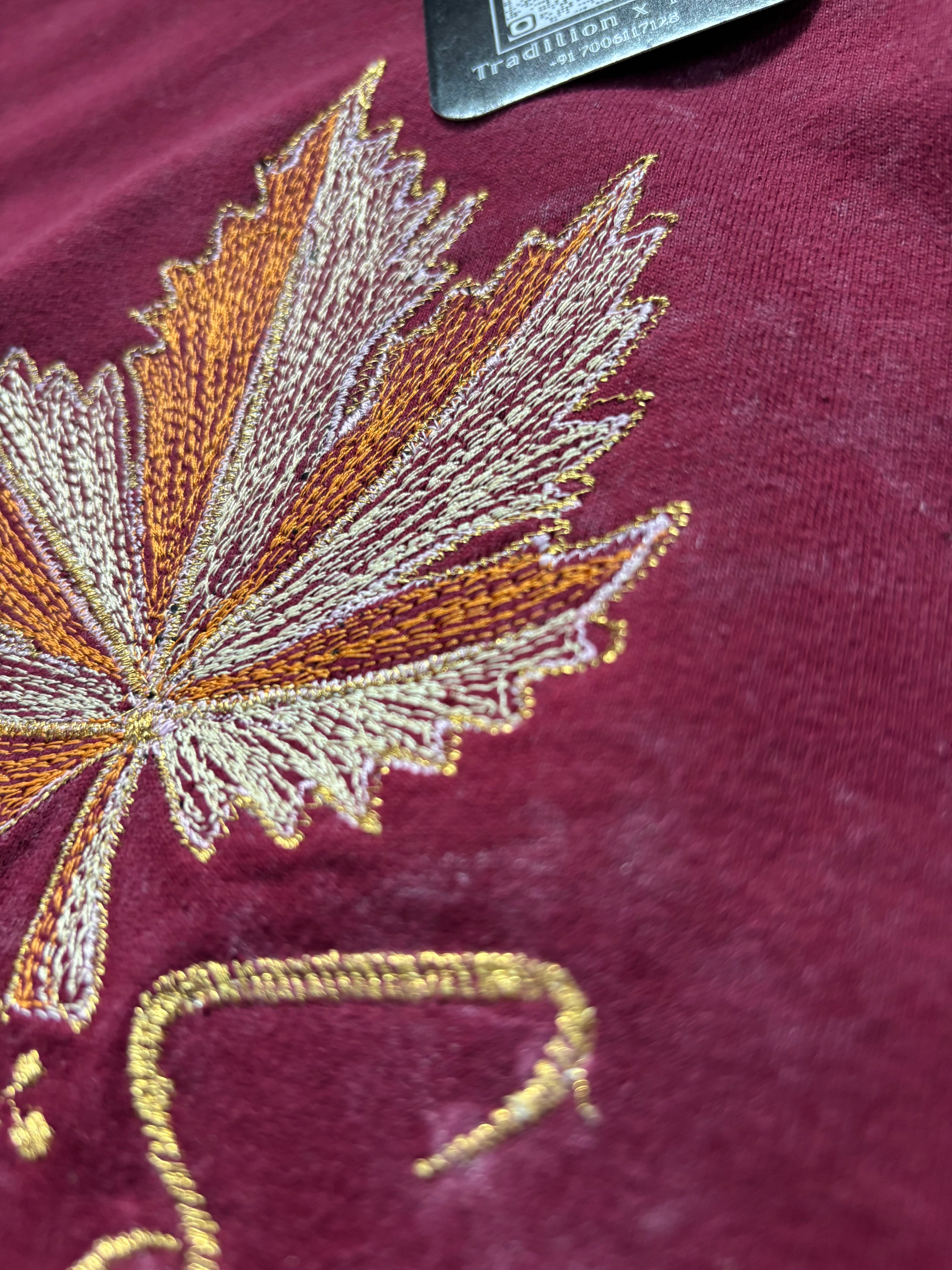 Tree of Life Shadow Embroidery Acid Wash Maroon T-shirt