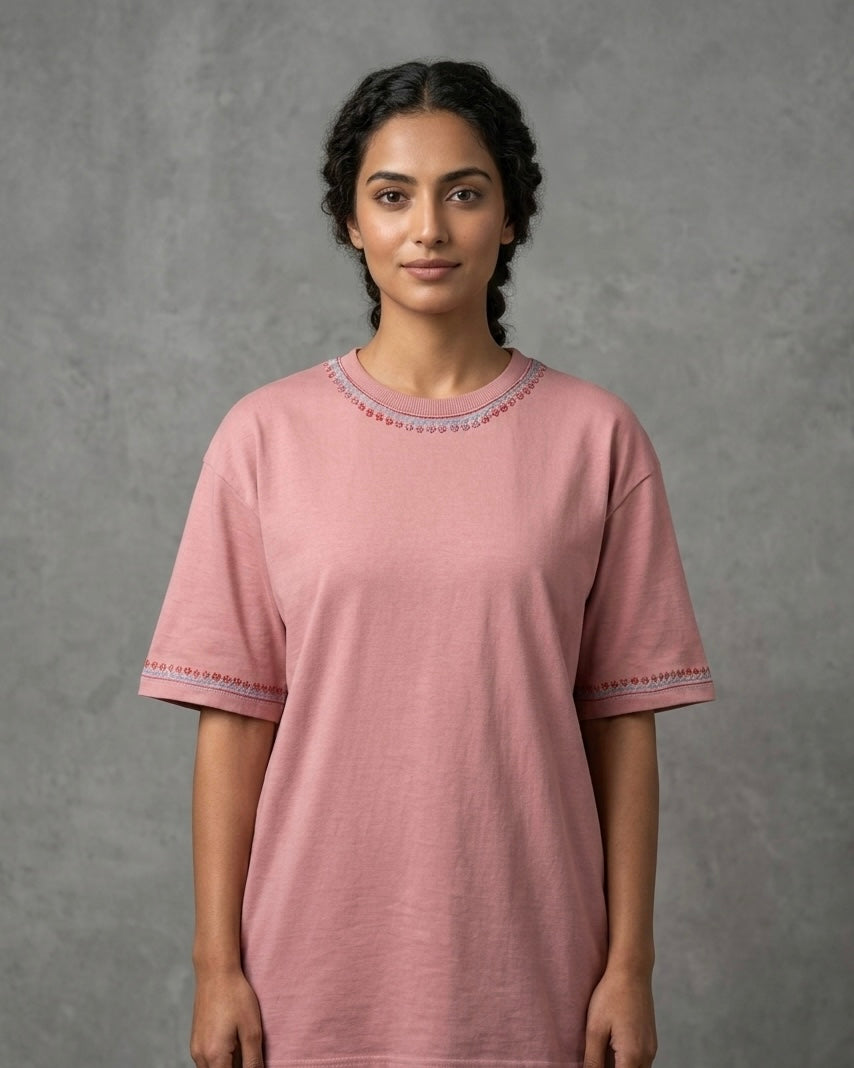 Hand Sonzi Exclusive Traditional Pattern Embroidered Noon Chai Pink T-shirt