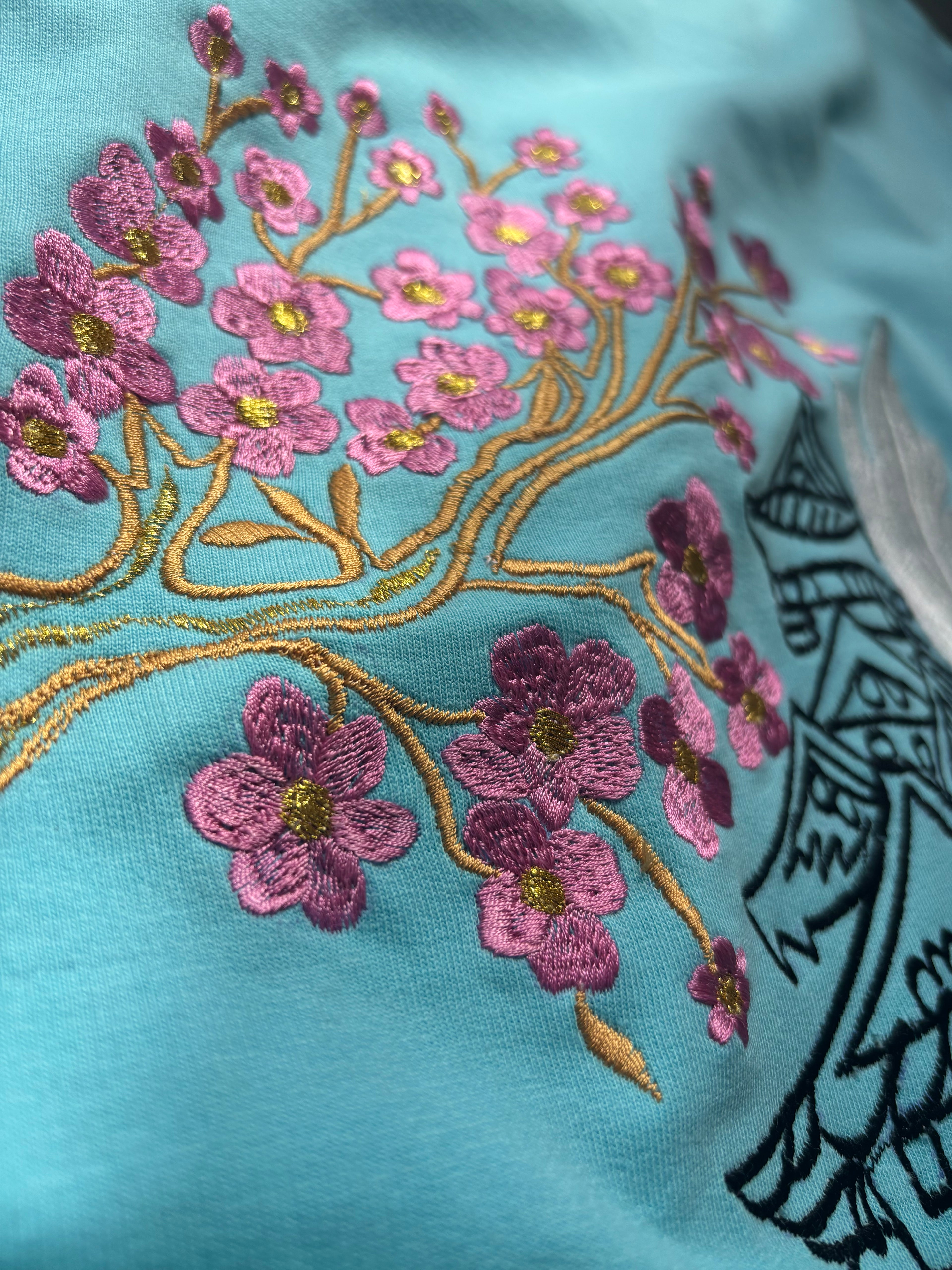 Japanese Street Tradition Inspired Silk Thread Embroidered Sky Blue T-shirt