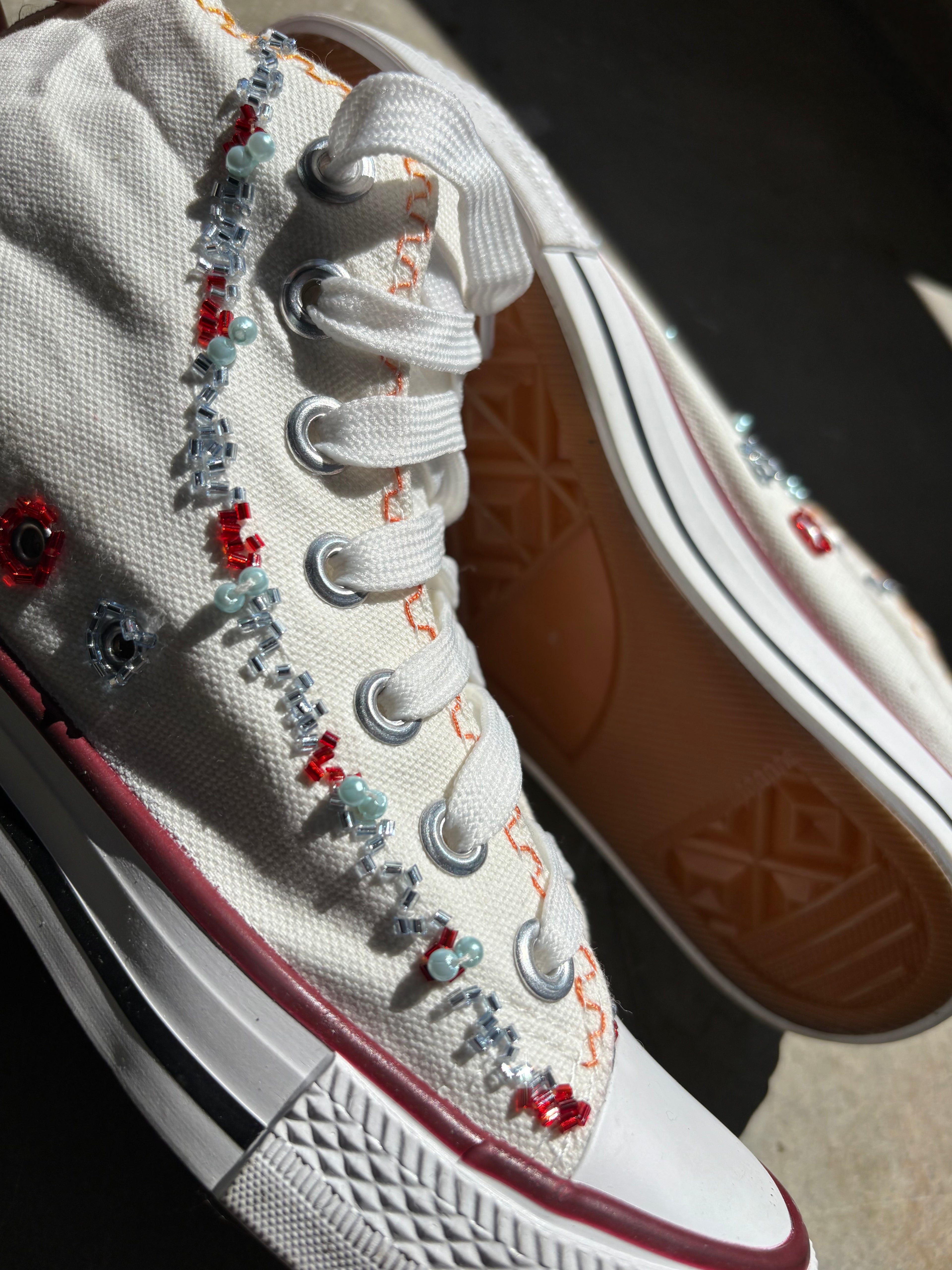 Hand Embroidered Multi Colour Silk and Bead work White Canvas Shoes
