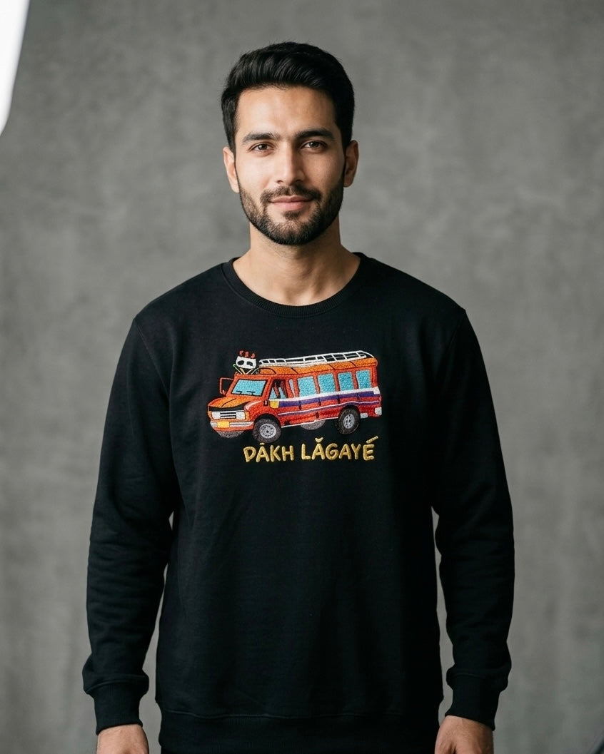 Kashmiri Metador Truck Pakh Lagaye Retro design Embroidered Black Sweatshirt