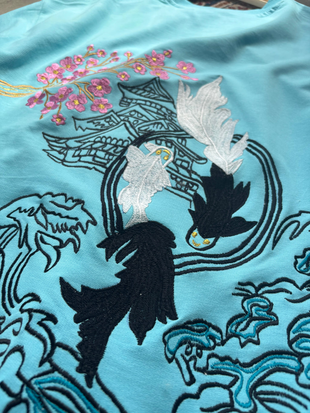 Japanese Street Tradition Inspired Silk Thread Embroidered Sky Blue T-shirt