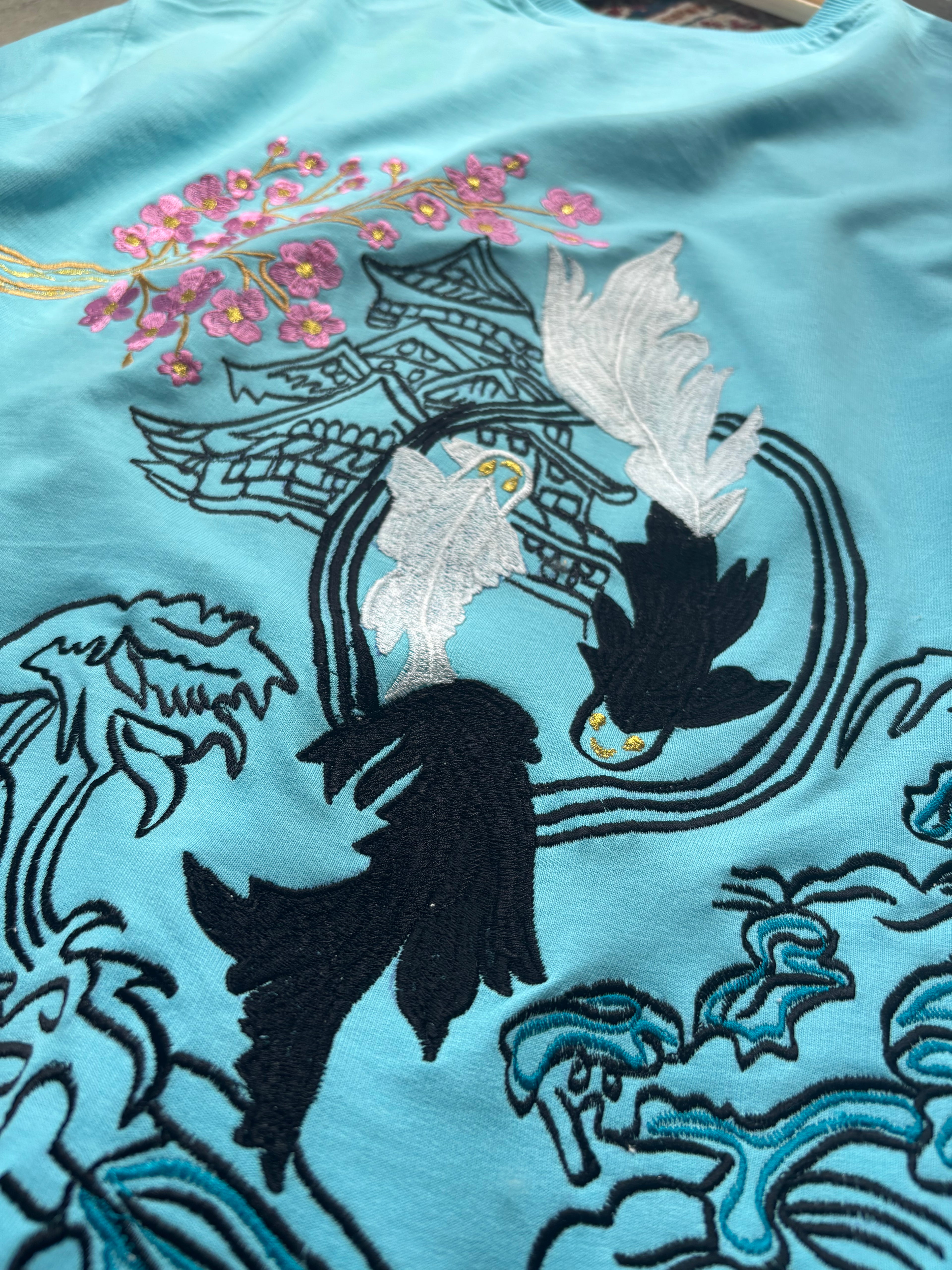 Japanese Street Tradition Inspired Silk Thread Embroidered Sky Blue T-shirt