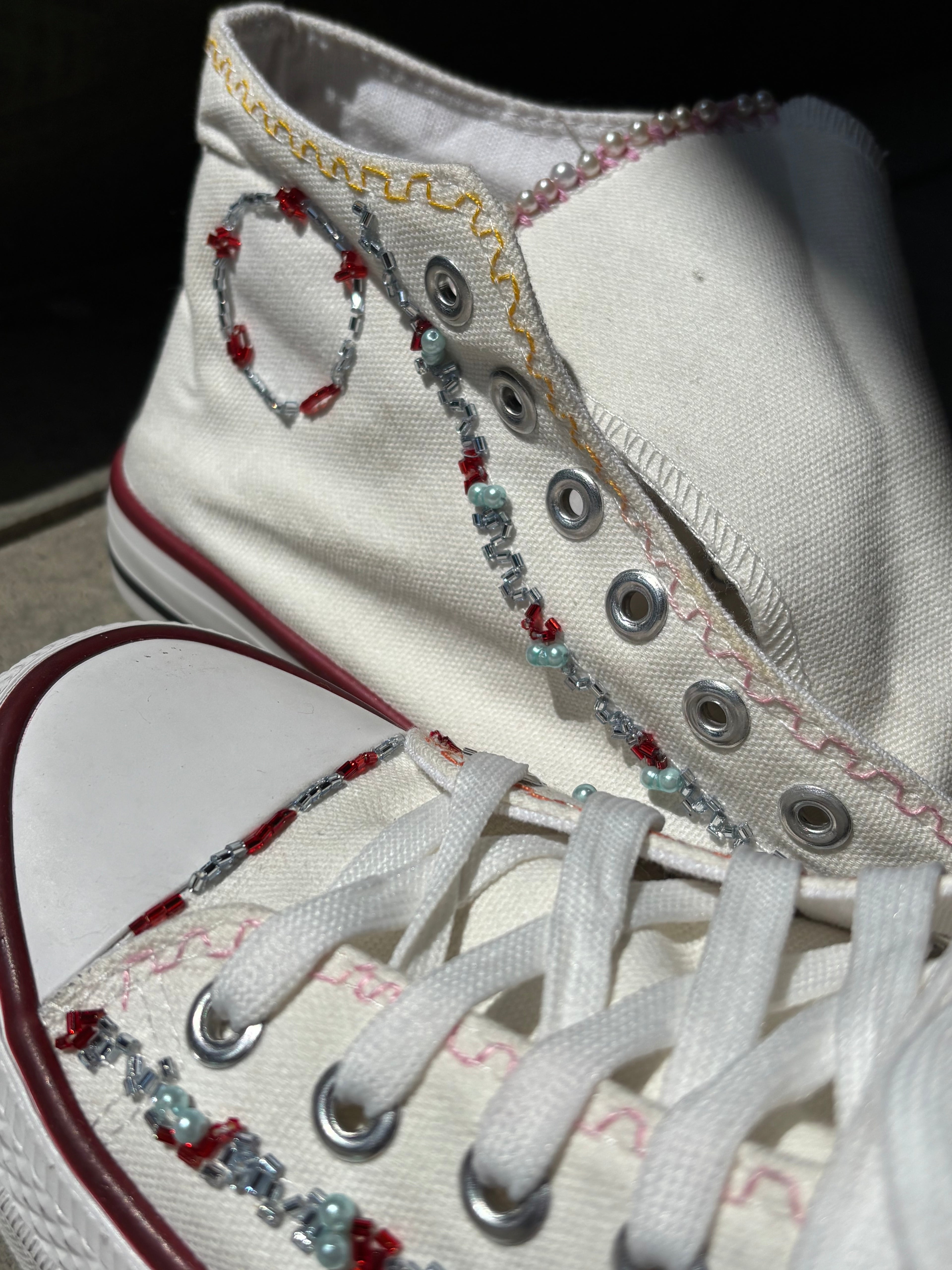 Hand Embroidered Multi Colour Silk and Bead work White Canvas Shoes