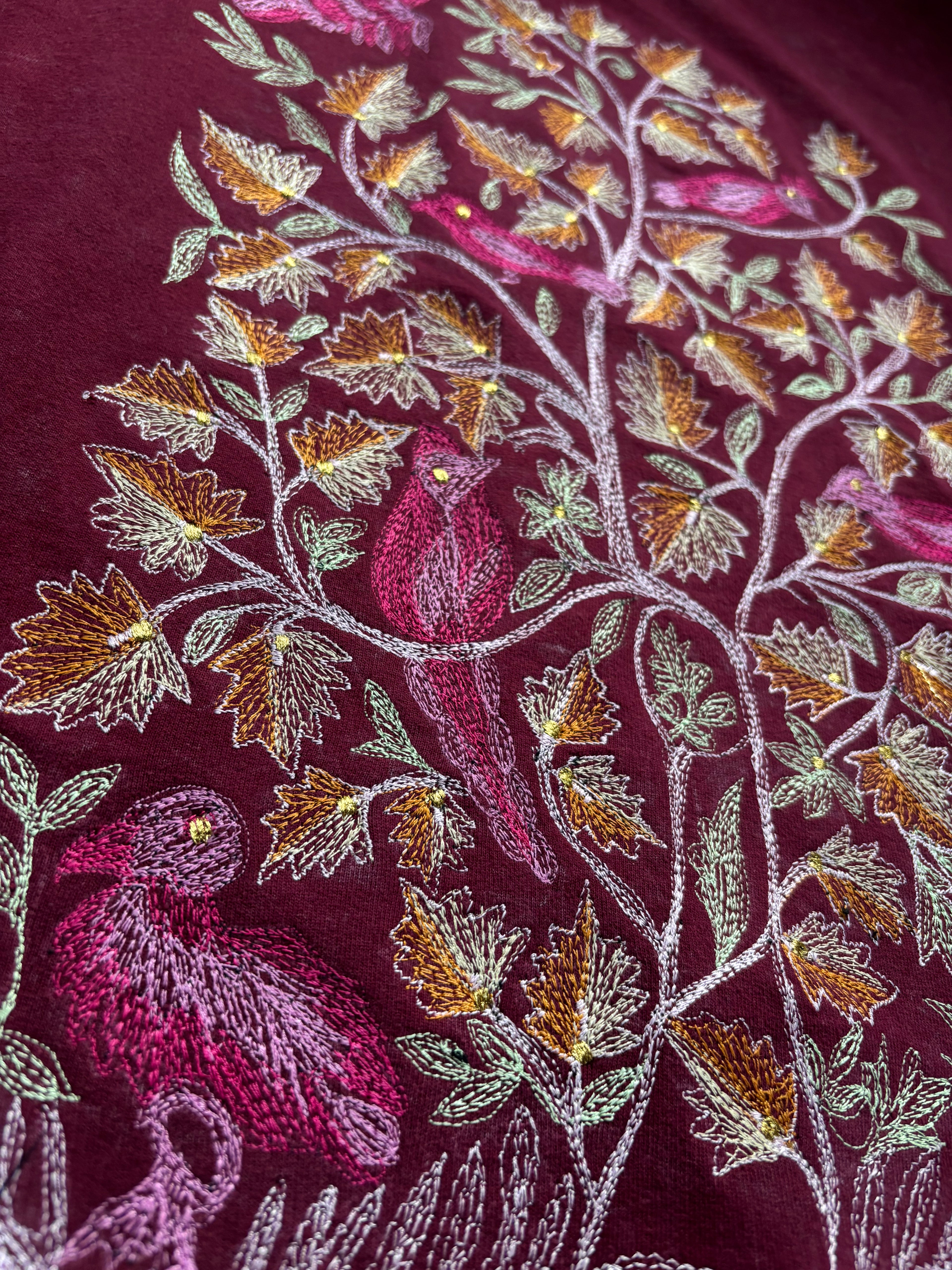 Tree of Life Shadow Embroidery Acid Wash Maroon T-shirt