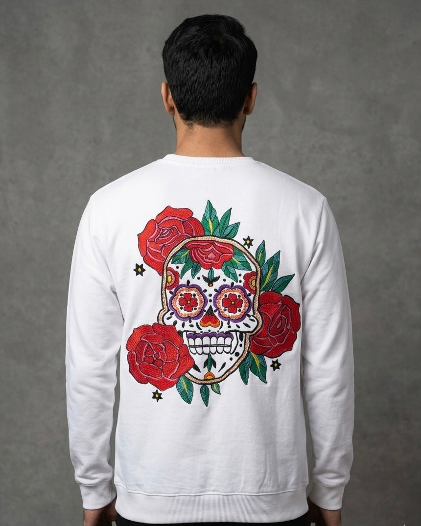 Mexican Day of The Dead Inspired Silk Thread Embroidered White Sweatshirt