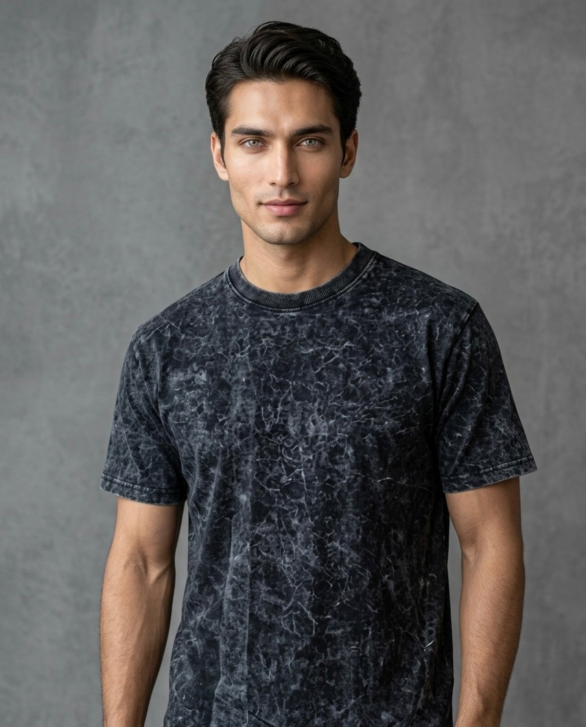 Tawaqqul Red Silk Thread Embroidered Acid Wash Black T-shirt