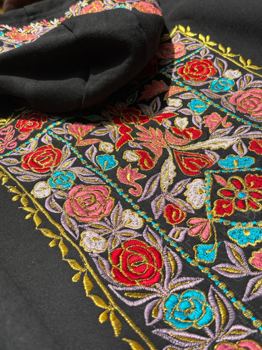 FLORAL PATTERN HOOD AND BACK MULTI COLOUR SILK THREAD EMBROIDERED HOODIE