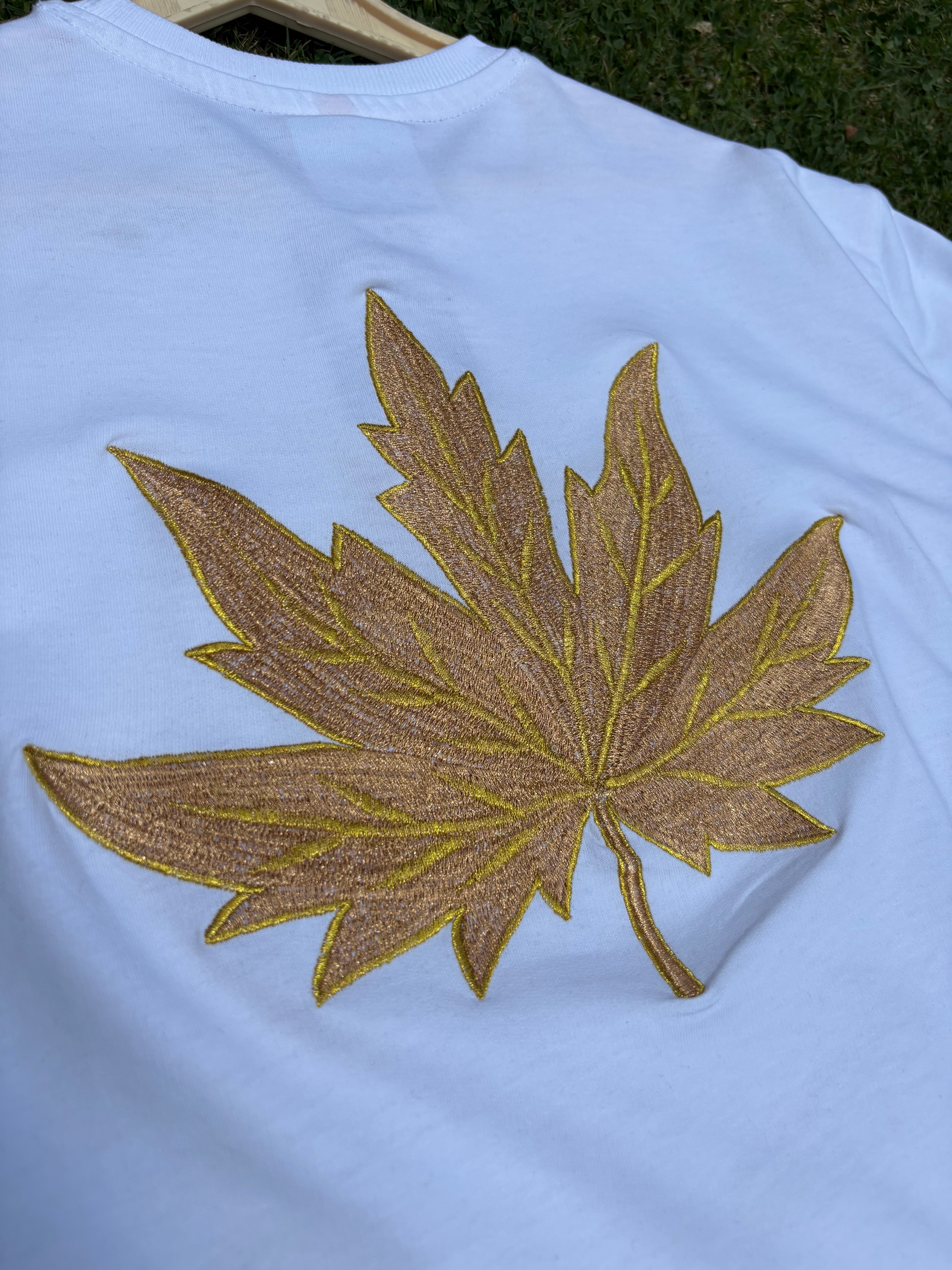 CHINAR LEAF MOTIF EMBROIDERED SKY WHITE T-SHIRT