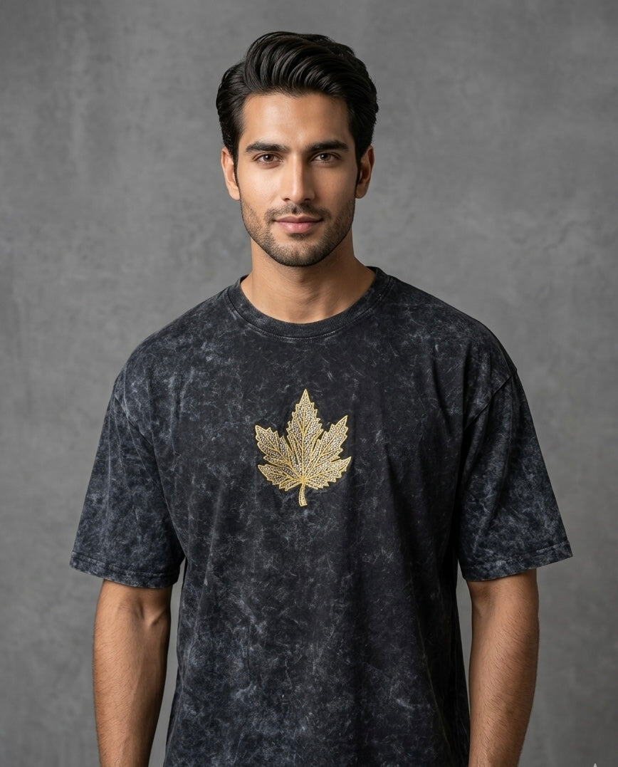 CHINAR LEAF MOTIF EMBROIDERED ACID WASH BLACK T-SHIRT