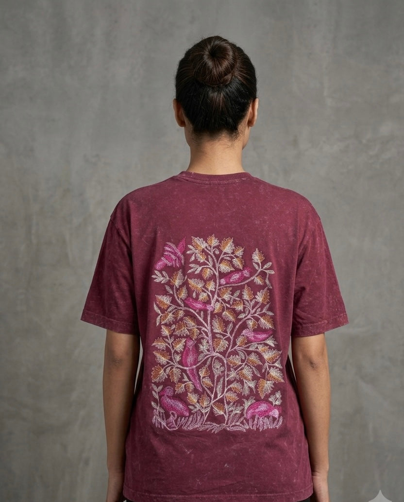 Tree of Life Shadow Embroidery Acid Wash Maroon T-shirt