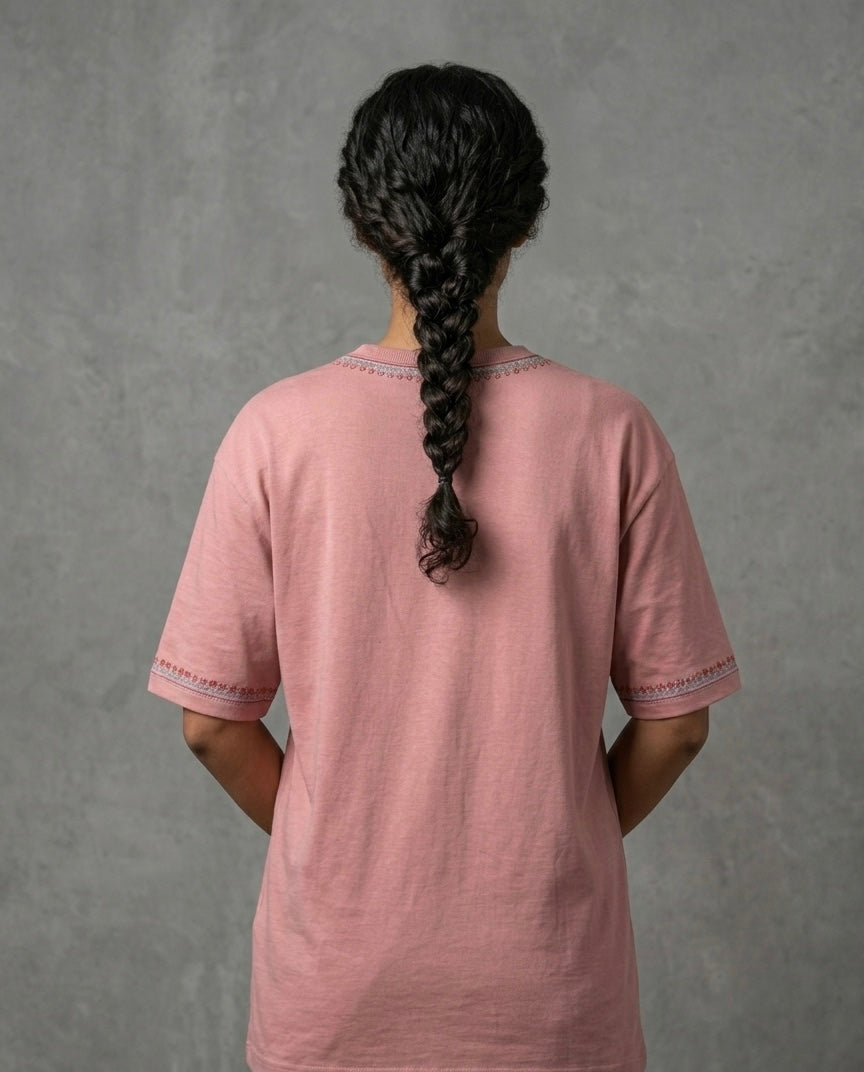 Hand Sonzi Exclusive Traditional Pattern Embroidered Noon Chai Pink T-shirt