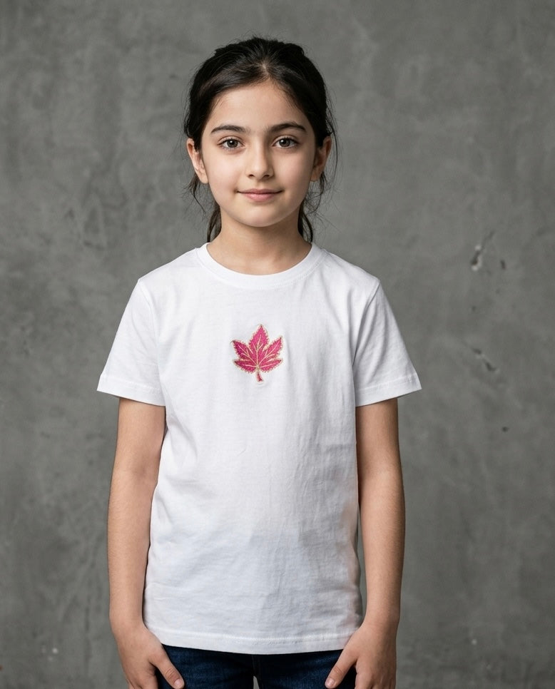 Kids Chinar Leaf Embroidered White T-shirt