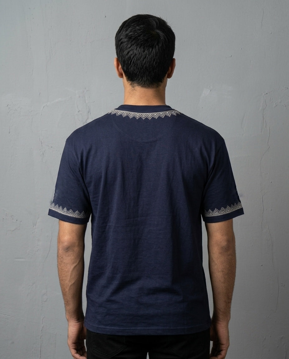 HAND TILLA EXCLUSIVE KASHMIRI NECK AND SLEEVE WORK NAVY BLUR T-SHIRT