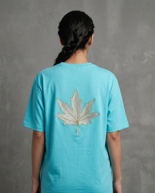 Chinar Leaf Motif Embroidered Sky Blue T-shirt