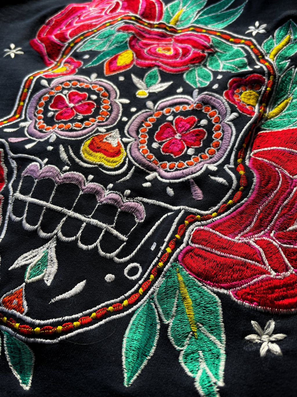 Mexican Day of The Dead Inspired Silk Thread Embroidered Navy Blue Hoodie