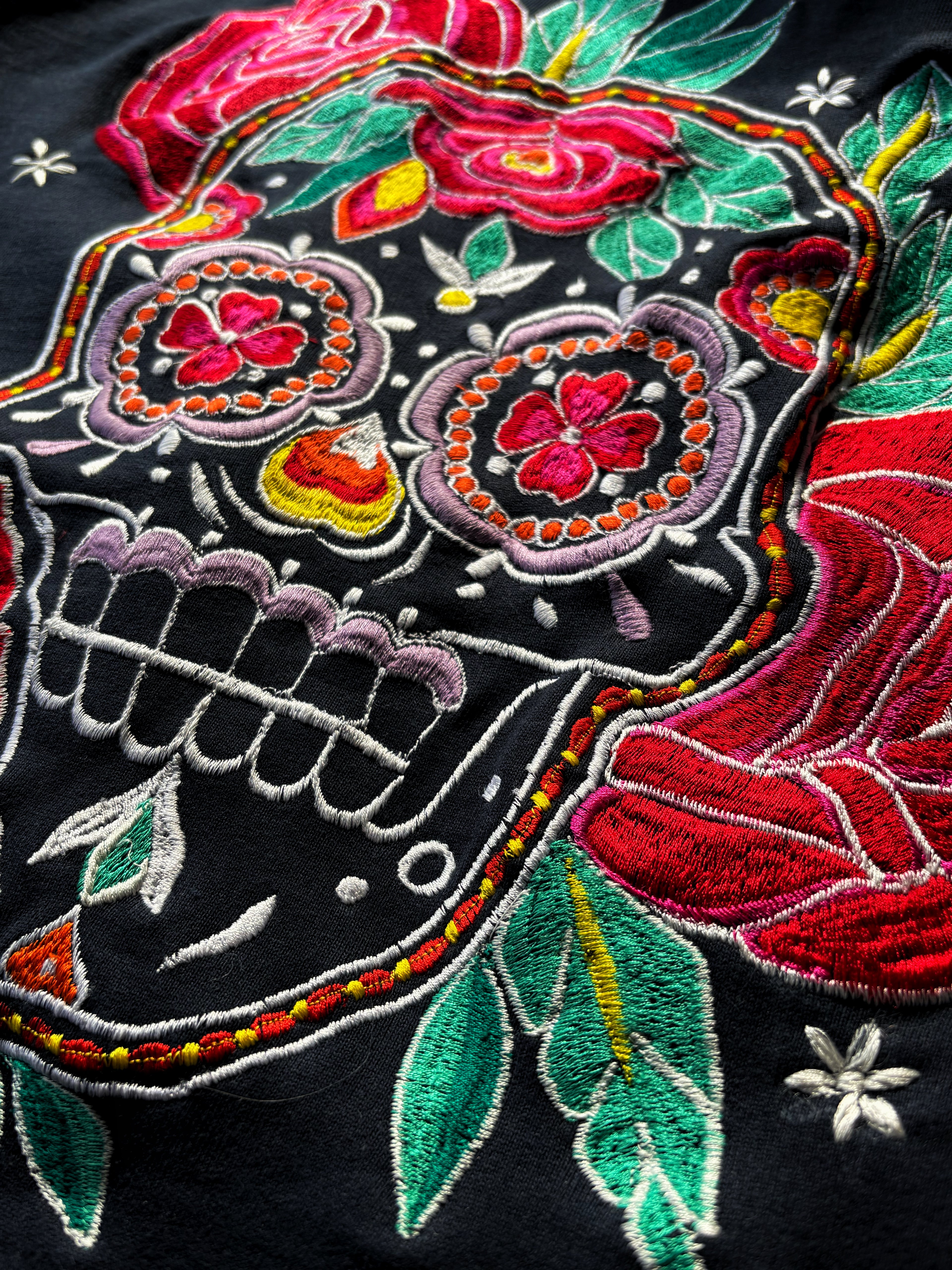 Mexican Day of The Dead Inspired Silk Thread Embroidered Navy Blue Hoodie