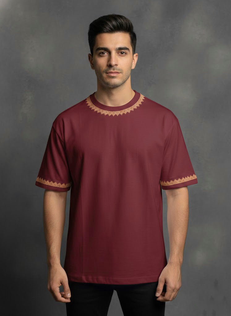 Hand Tilla Exclusive Kashmiri Neck and Sleeve work Maroon T-shirt