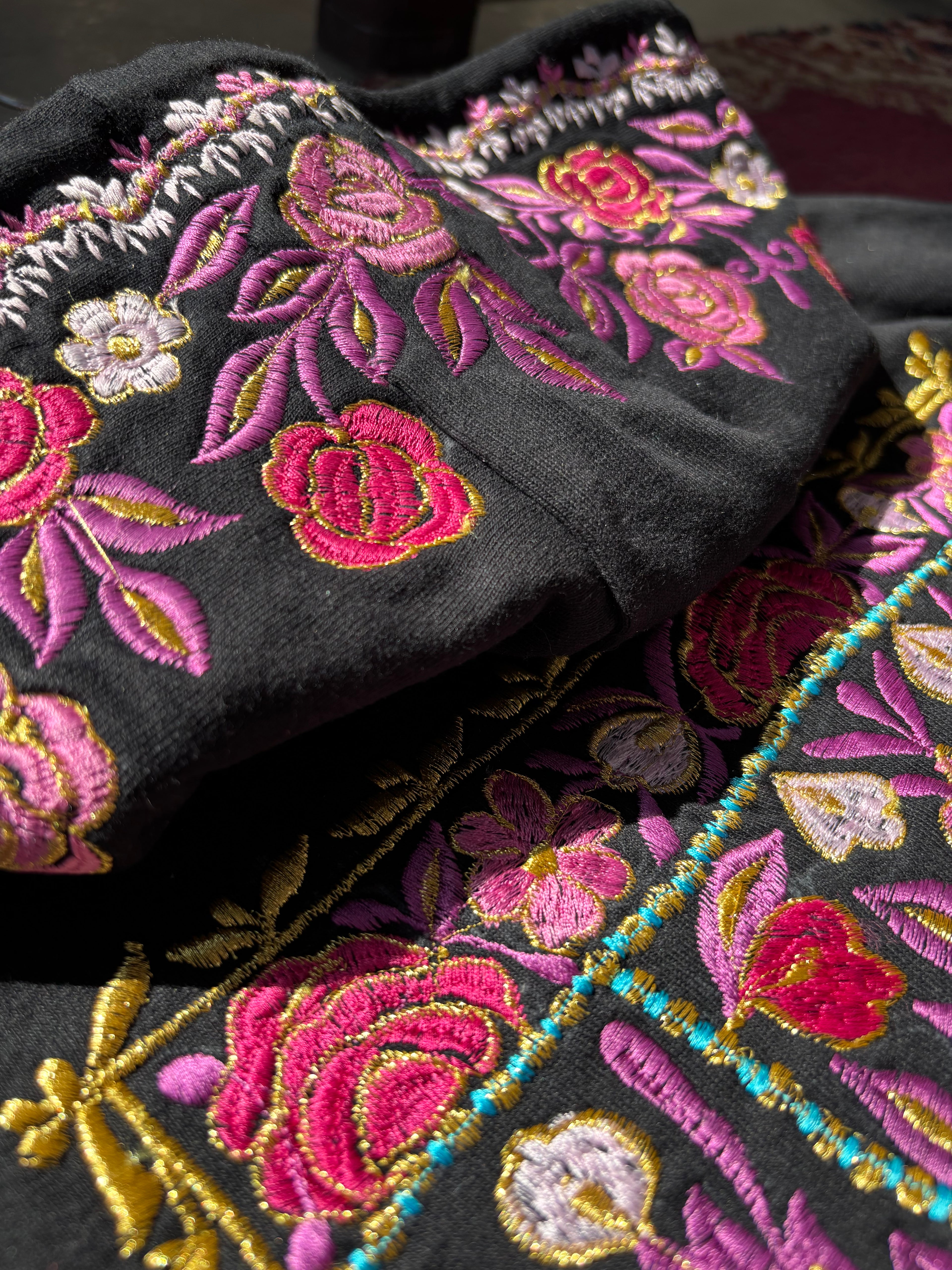 Floral Pattern Hood and Back Silk Thread Embroidered Hoodie
