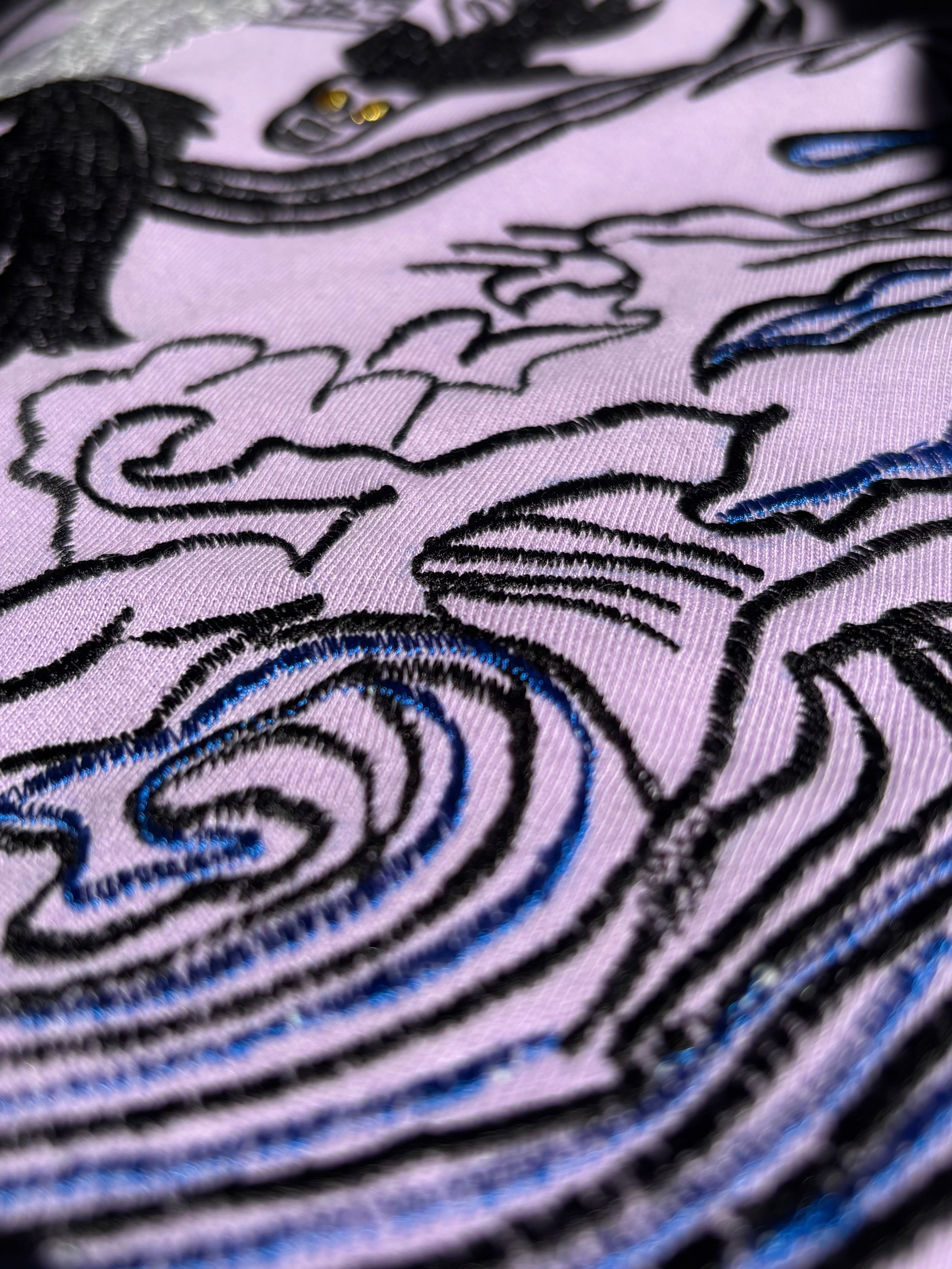Japanese Street Tradition Inspired Silk Thread Embroidered Lavender T-shirt