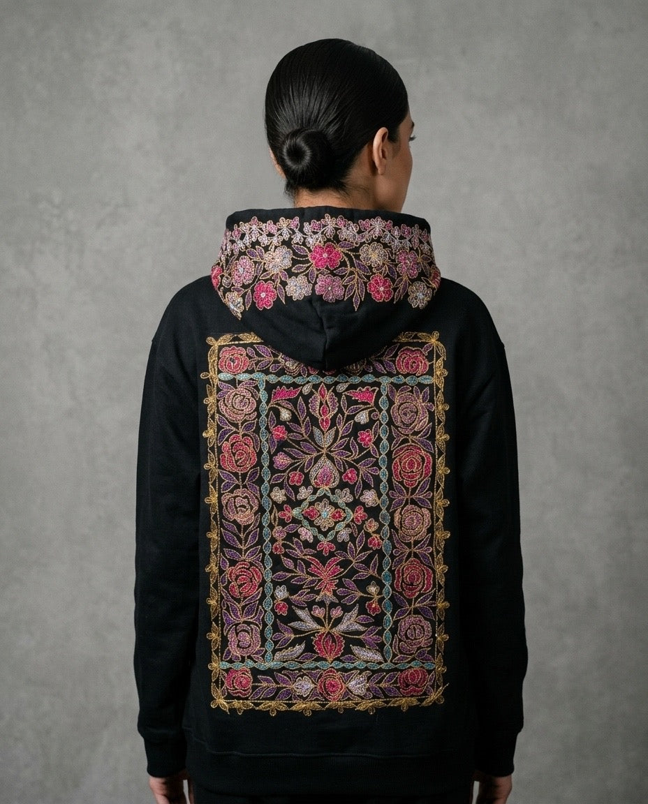 Floral Pattern Hood and Back Multi Colour Shadow Embroidered Hoodie