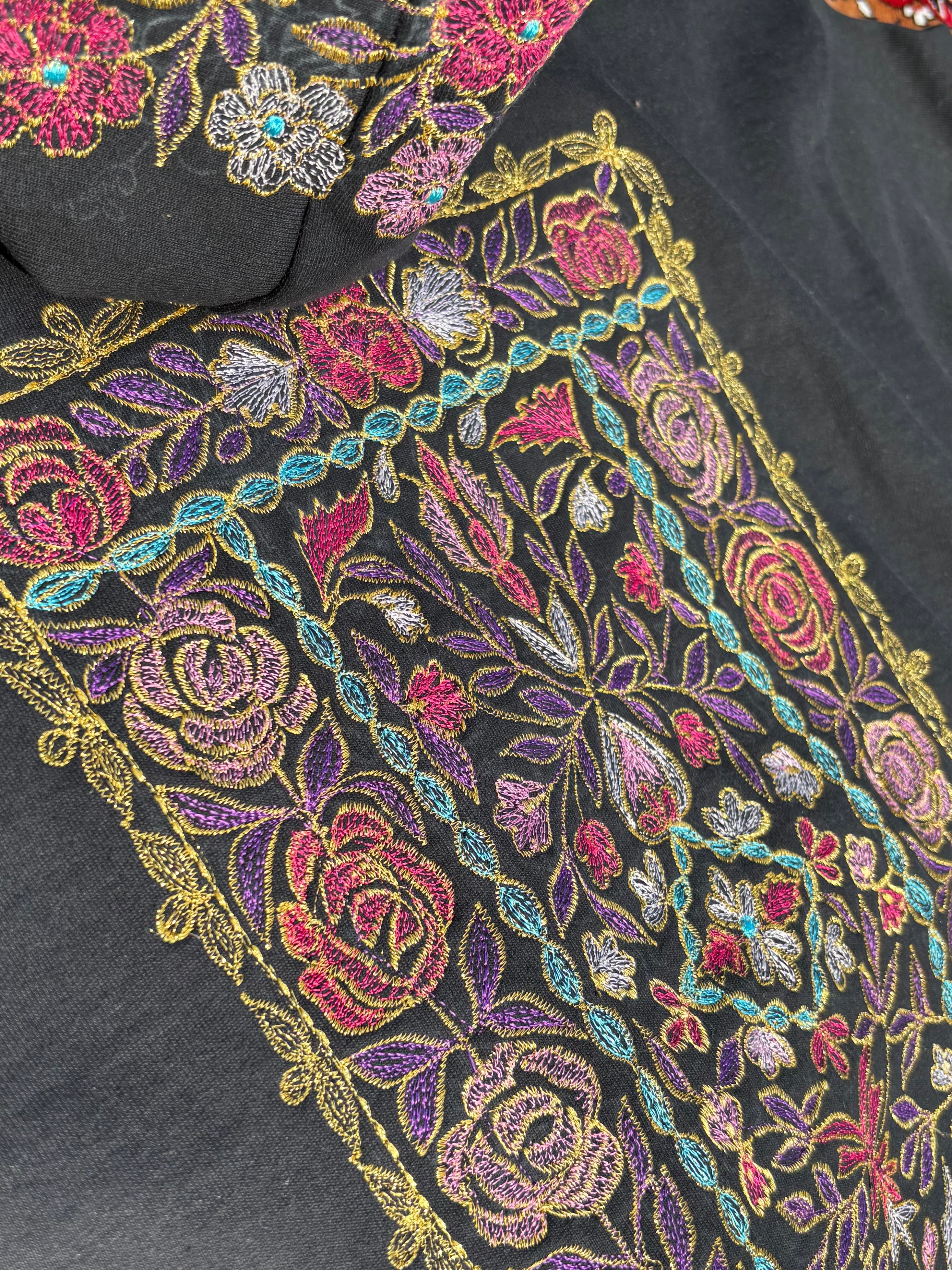 Floral Pattern Hood and Back Multi Colour Shadow Embroidered Hoodie