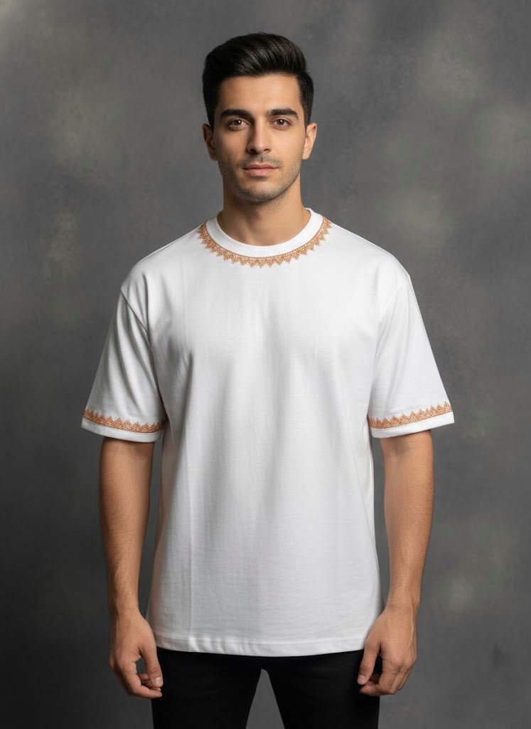 Hand Tilla Exclusive Kashmiri Neck and Sleeve work White T-shirt