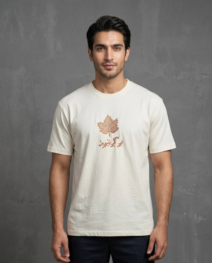 HAND TILLA EXCLUSIVE OFF-WHITE T-SHIRT WITH CHINAR EMBROIDERY