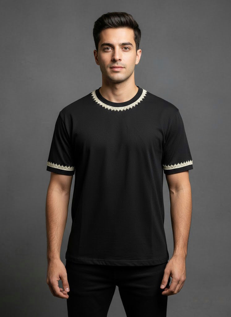 Hand Tilla Exclusive Kashmiri Neck and Sleeve work Black T-shirt