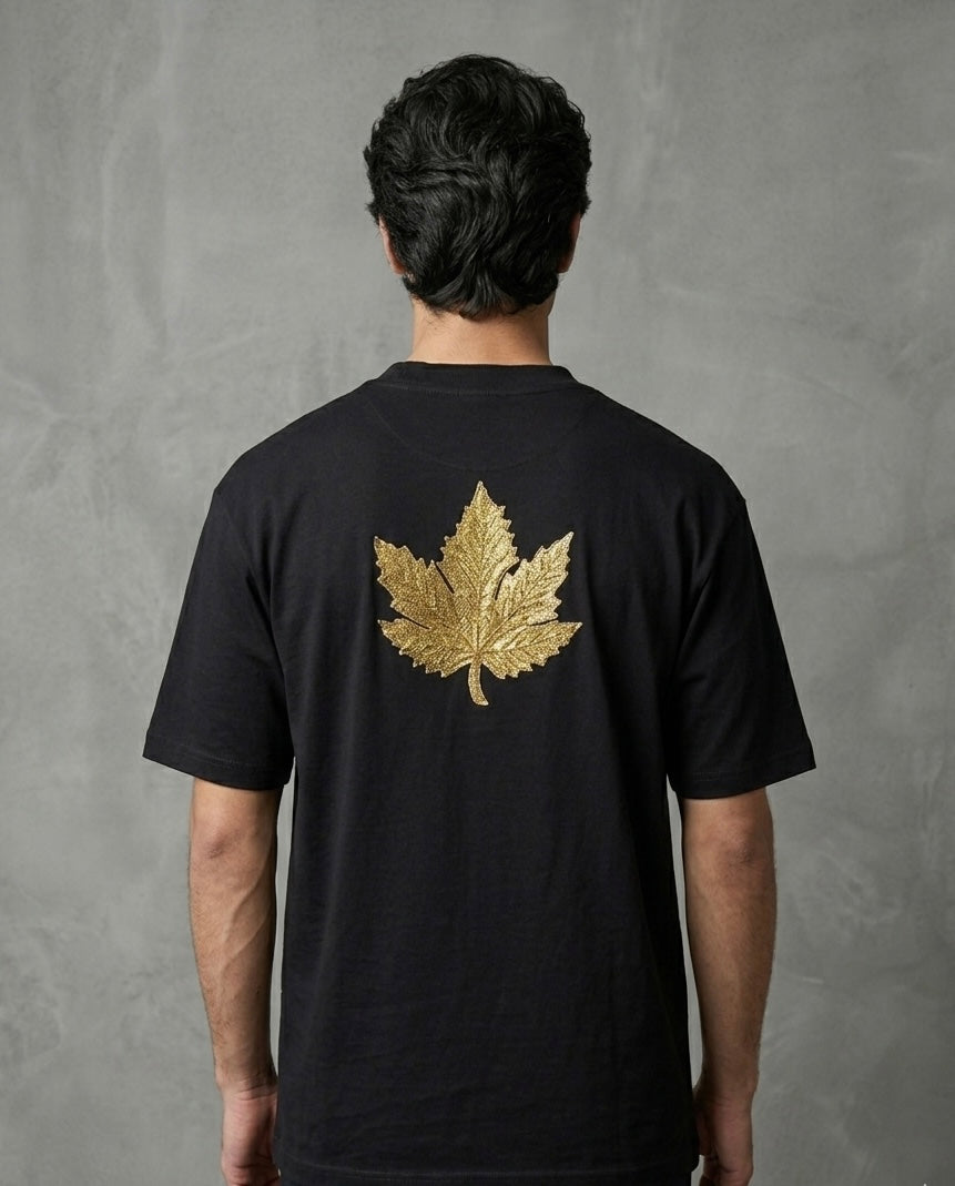 CHINAR LEAF MOTIF EMBROIDERED BLACK T-SHIRT