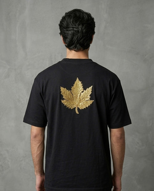 CHINAR LEAF MOTIF EMBROIDERED BLACK T-SHIRT