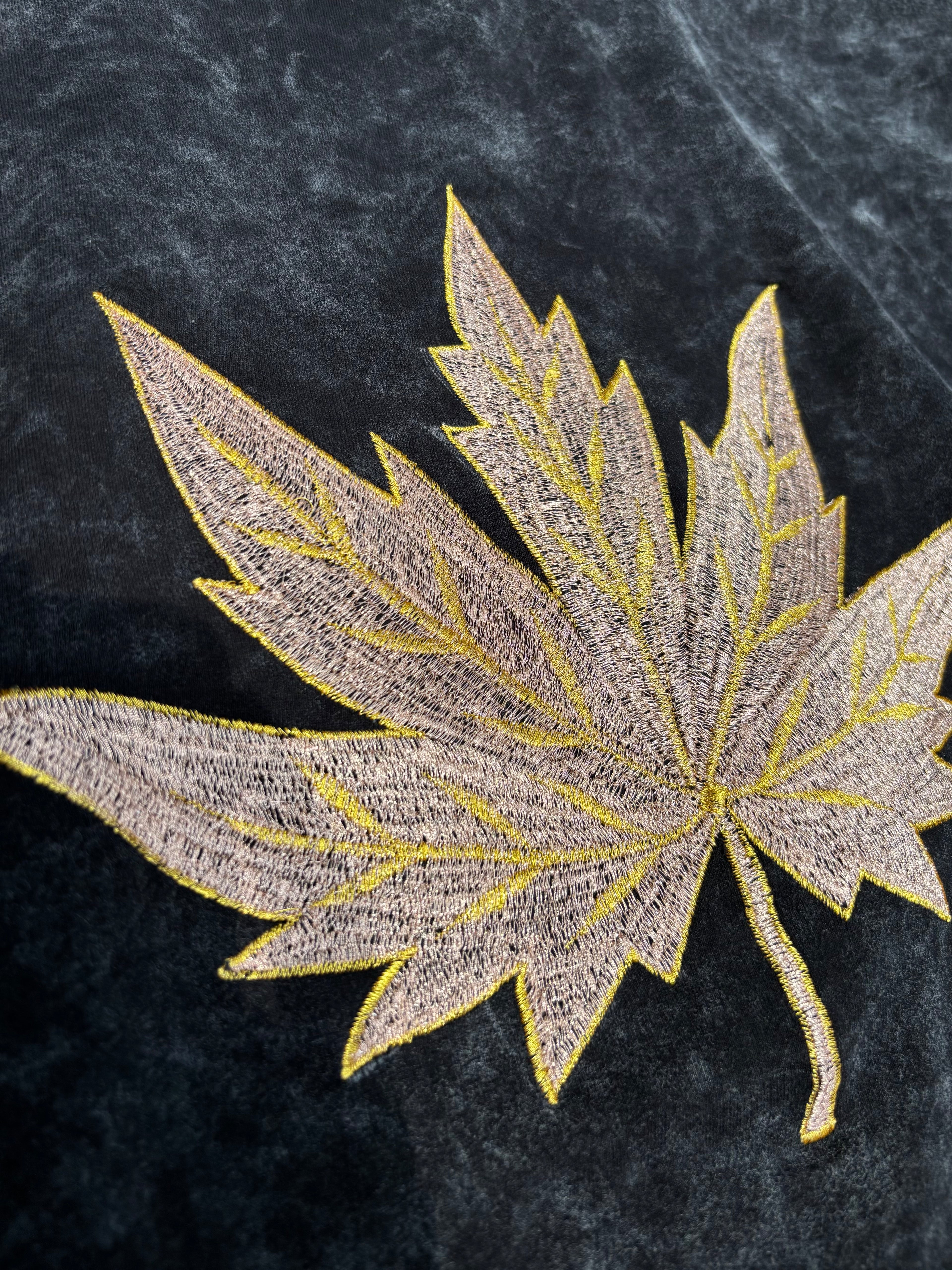 CHINAR LEAF MOTIF EMBROIDERED ACID WASH BLACK T-SHIRT