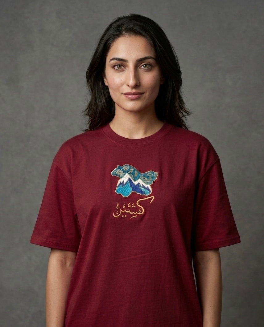 Kashmir Map Chinar Leaf Embroidered Motif Maroon T-shirt