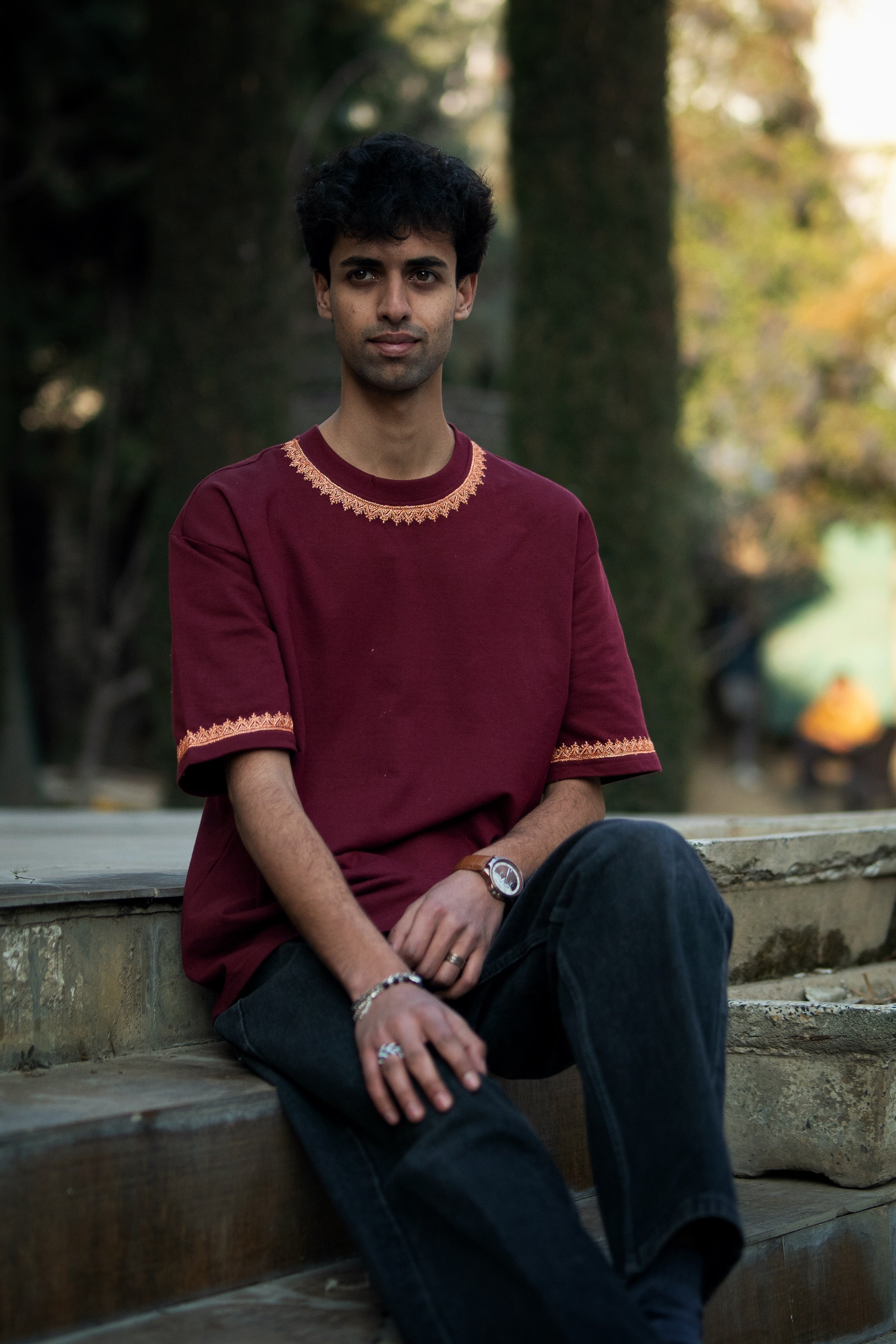 Hand Tilla Exclusive Kashmiri Neck and Sleeve work Maroon T-shirt