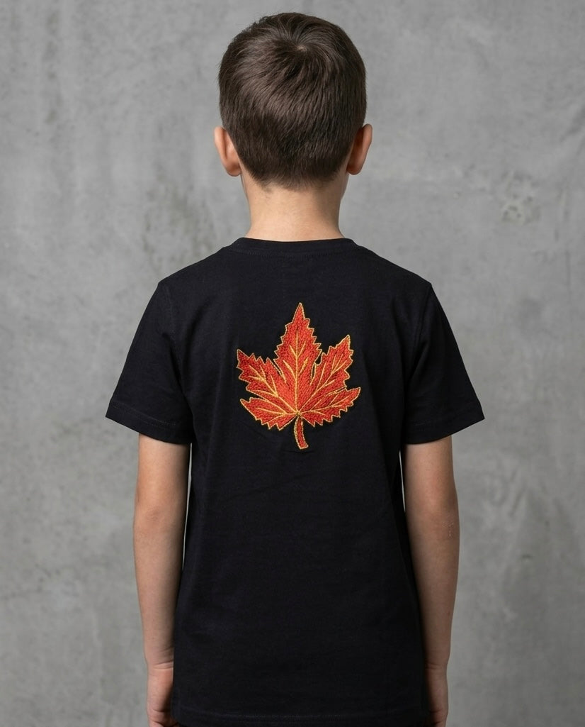 Kids Chinar Leaf Embroidered Black T-shirt