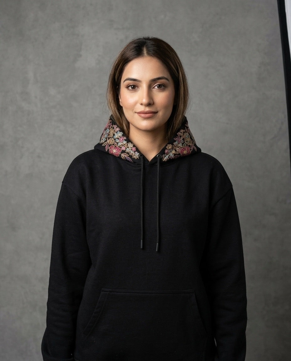 Floral Pattern Hood and Back Multi Colour Shadow Embroidered Hoodie
