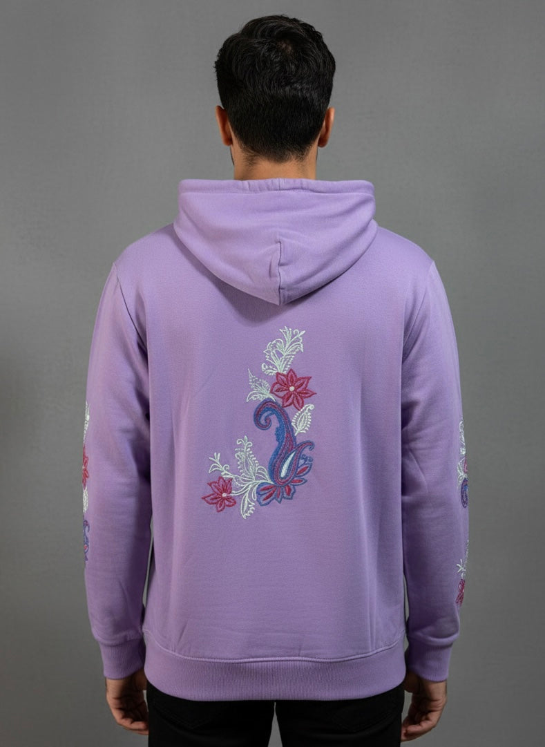 Floral Pattern Silk Thread Embroidery Lavender Hooddie