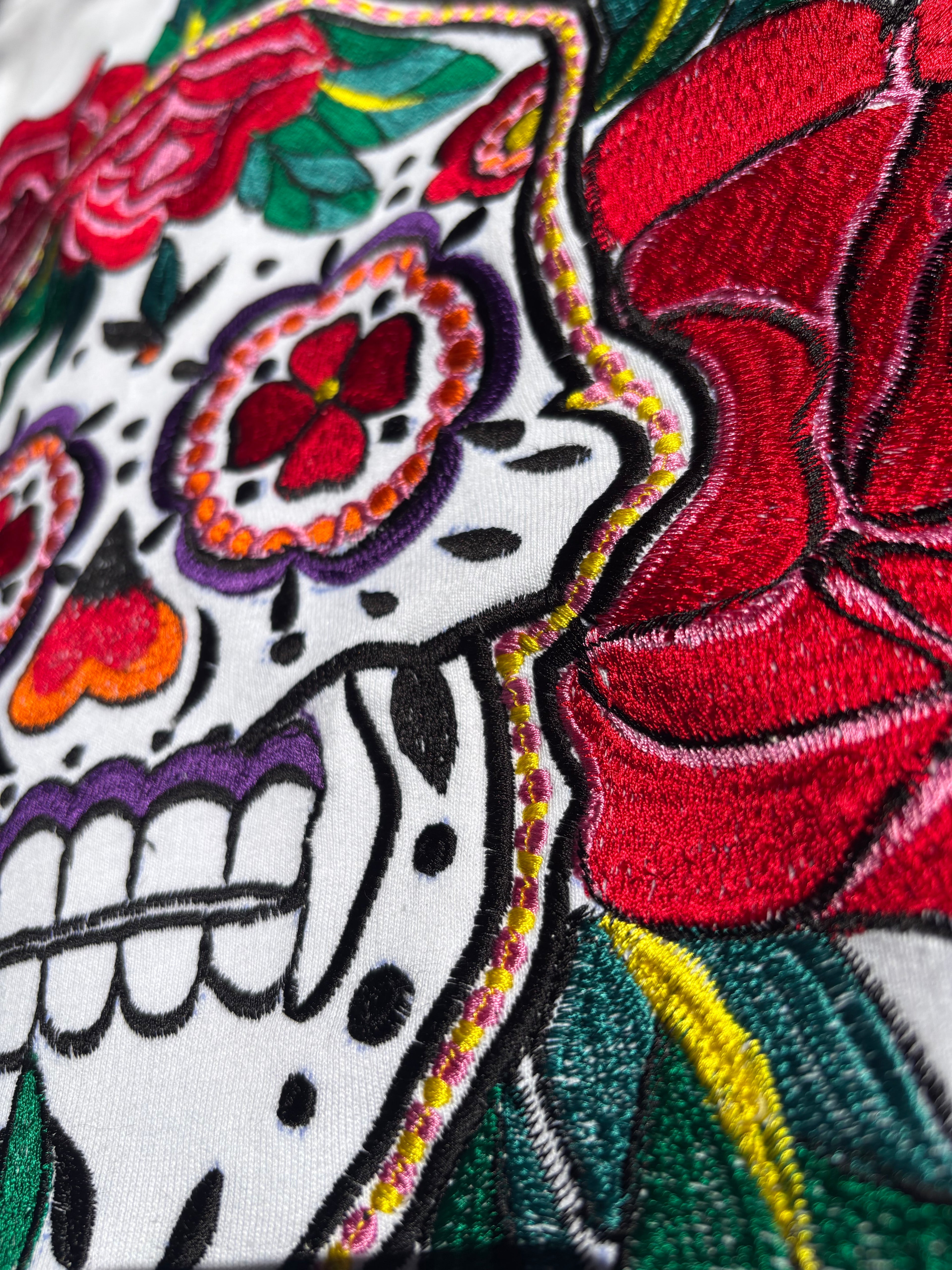 Mexican Day of The Dead Inspired Silk Thread Embroidered White Sweatshirt