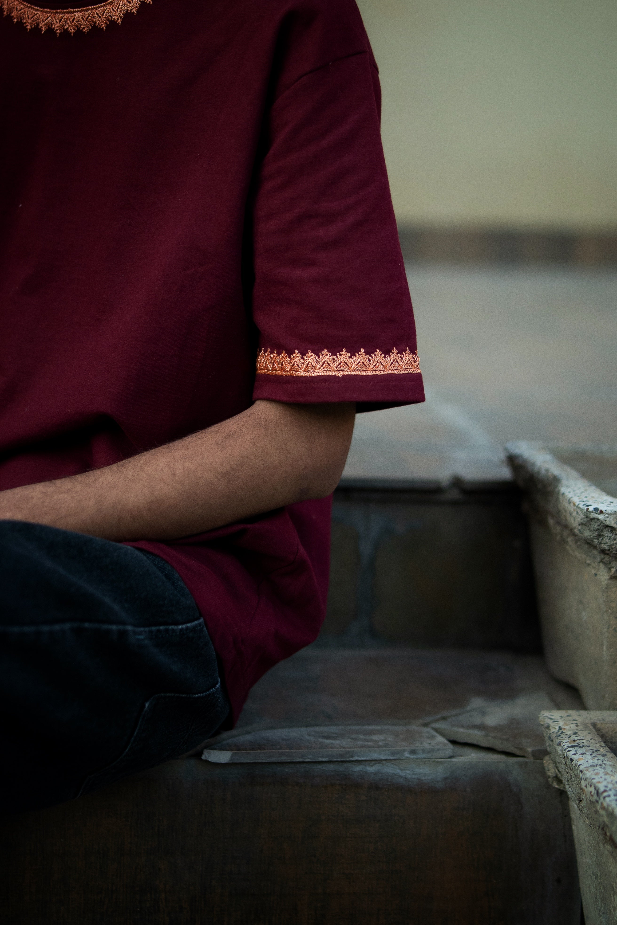 Hand Tilla Exclusive Kashmiri Neck and Sleeve work Maroon T-shirt